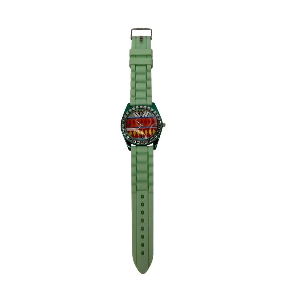 Green Silicone Band Fashion Watch Analog Geometric Western Rustic Boho Chevron
